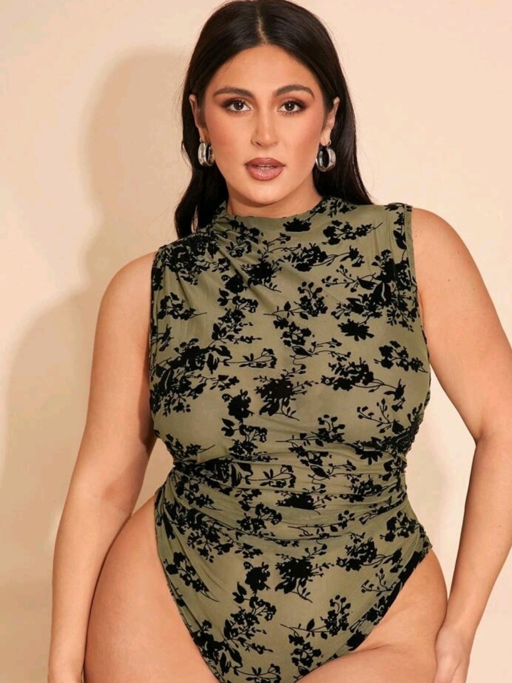 Plus Size Gorgeous Army Green Sheer Bodysuit Top - Picture 2 of 3